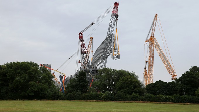 The view from Stanley Park of the cranes lifting the new roof. Credit: Press Association 