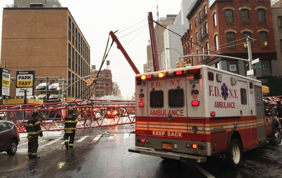 The collapsed crane on Worth Street in Tribeca